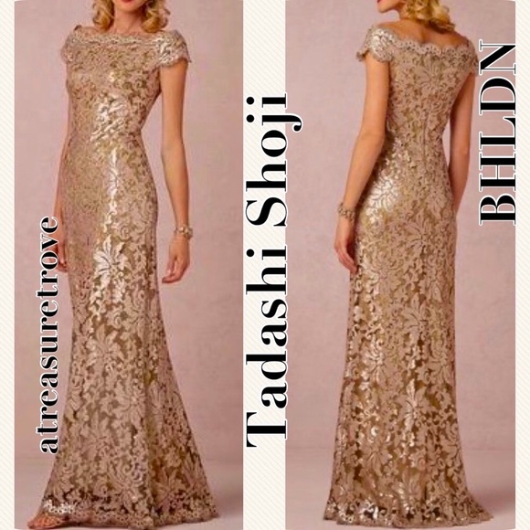 Tadashi Shoji x BHLDN Odette 4 & 10 Gold Green Sequin Lace Maxi Gown - Picture 9 of 13